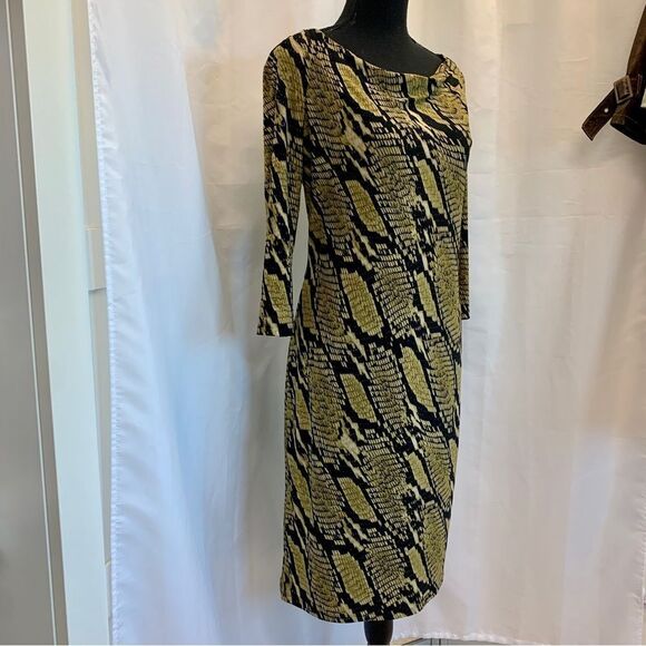 𝅺JONES New York green snake print long sleeve midi dress Sz 6 stretchy - Picture 4 of 11